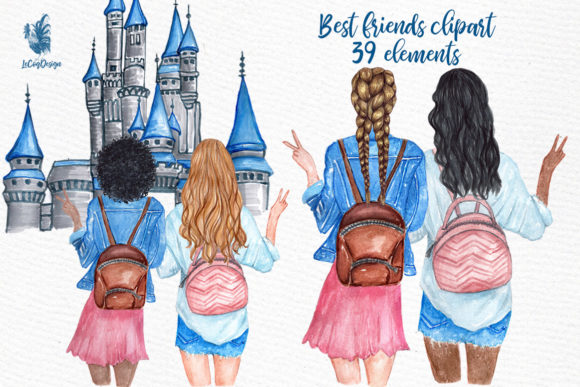 Best Friends Girls Clip Art & Illustrations