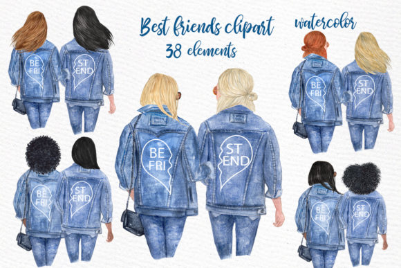 Best Friends Girls in Jeans Clipart & Illustrations