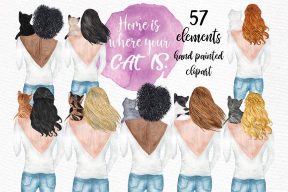 Girls and Cats Clipart: Cute Illustrations