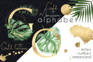 Gold Monstera Tropical Leaves Alphabet Illustrations