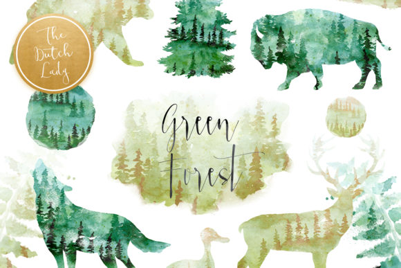 Green Winter Forest Animal Clipart Set