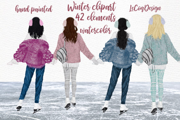 Winter Girls Ice Skating Clipart & Illustrations
